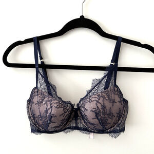 Victoria's Secret Bra 32DD Blue Luxe lingerie chantilly lace Lined Plunge